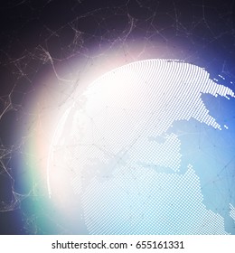 World globe on dark background with connecting lines and dots, polygonal linear texture. Global network connections, abstract futuristic geometric design, dig data technology digital concept