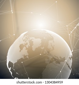 World globe on golden background with connecting lines and dots, polygonal linear texture. Global network connections, abstract futuristic geometric design, dig data technology digital concept.
