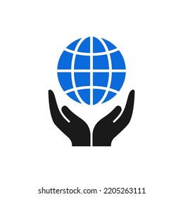 World or globe on hand icon flat style isolated on white background. Vector illustration
