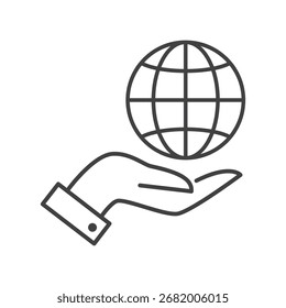 Weltkugel auf Palmhand-Symbol, einzelne flache Design-Vektorgrafik auf weißem Hintergrund.