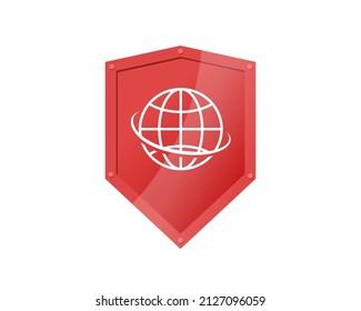 World globe on red shield. Travel insurance logo concept. Safe traveling badge. Tourist trip protection symbol. Safety journey vector isolated eps sign