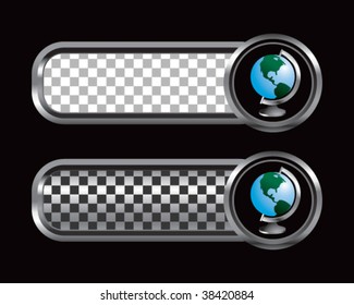 world globe on silver and black checkered tabs