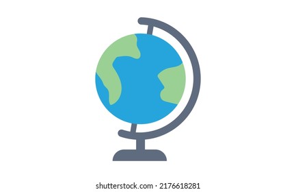 Weltkugel auf einem Stand flach Symbol für Web. Einfaches Earth Globe-Zeichen, Vektordesign. Globus-Karte Web-Symbol einzeln auf weißem Hintergrund. Logo-Clipkunst der Schule für Web, Logo, Vektorgrafik der Website