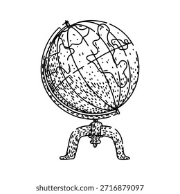 Mundo globo em um stand em mão desenhado linha arte, clássico ícone atlas educacional representando geografia, viagens, aprendizagem, conectividade global e exploração no fundo branco