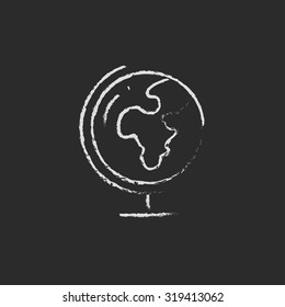World globe on stand hand drawn in chalk on a blackboard vector white icon isolated on a black background.