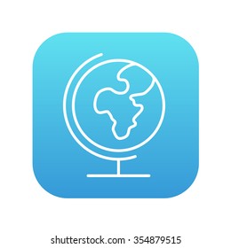 O globo mundial no ícone de linha de suporte para web, móvel e infográficos. Ícone branco vetorial no quadrado gradiente azul com cantos arredondados isolados no plano de fundo branco.