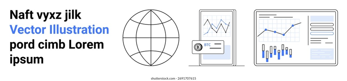 Contorno do globo mundial, gráficos de linhas em um smartphone, gráficos de barras em um tablet e elementos de texto. Ideal para empresas, análises, finanças, visualização de dados, tecnologia, alcance global, profissionais