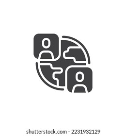 Weltkugel und Menschen Vektorsymbol. volles Flachzeichen für mobiles Konzept und Webdesign. Glyph-Symbol für das globale Team Symbol, Logo-Abbildung. Vektorgrafik