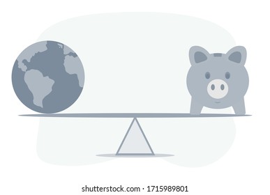 World globe and piggy bank balancing on a seesaw. Vector flat design illustration.