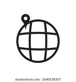 World globe pin icon. Globe with location pin, best for geography, navigation, or global apps.