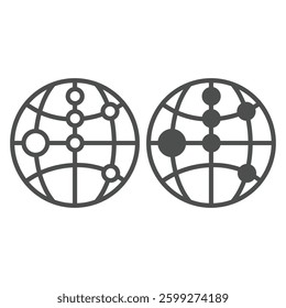 World globe with pin points line and solid icon, neural network concept. Vector graphics. Planet map with location pins, training sign on white background, outline style icon for mobile or web design