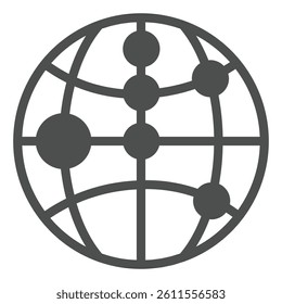 World globe with pin points solid icon, neural network concept. Vector graphics. Planet map with location pins, training sign on white background, glyph style icon for mobile or web design