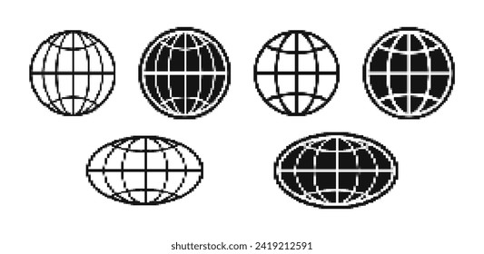 Conjunto de iconos de píxeles del globo mundial. Señal de la Tierra Pixelada. Símbolo de planeta redondo y aplanado en píxeles. Elementos gráficos. Vector.