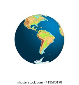 World Globe. Planet Earth. Western hemisphere. South America in the center. Vector illustration. Isolated on white