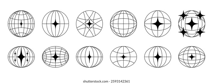 World globe retro grids in oval and round form with stars icons set. earth latitude and longitude line grid. futuristic design elements. Vector illustration