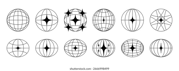 Weltkugel-Retro-Gitter in ovaler und runder Form mit Sternen-Symbolen. Breiten- und Längenraster. futuristische Gestaltungselemente. Vektorgrafik
