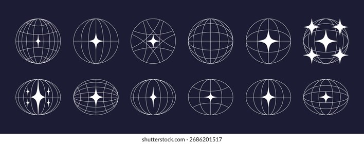 Weltkugel-Retro-Gitter in ovaler und runder Form mit Sternen-Symbolen. Breiten- und Längenraster. futuristische Gestaltungselemente. Vektorgrafik