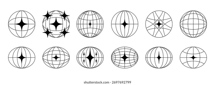 Weltkugel-Retro-Gitter in ovaler und runder Form mit Sternen-Symbolen. Breiten- und Längenraster. futuristische Gestaltungselemente. Vektorgrafik