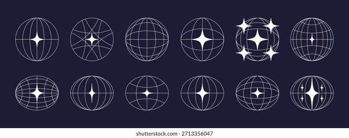 World globe retro grids in oval and round form with stars icons set. earth latitude and longitude line grid. futuristic design elements. Vector illustration