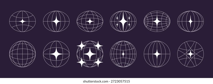 Weltkugel-Retro-Gitter in ovaler und runder Form mit Sternen-Symbolen. Breiten- und Längenraster. futuristische Gestaltungselemente. Vektorgrafik