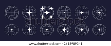 World globe retro grids in oval and round form with stars icons set. earth latitude and longitude line grid. futuristic design elements. Vector illustration
