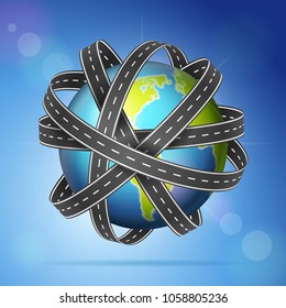World globe with roads on a sky background.