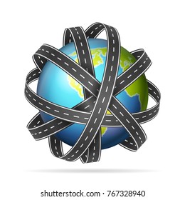 World globe with roads on a white background.
