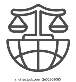 Icono mundial de globo y escala de línea, concepto de fuerza policial. Gráficos de Vector. Orden de la justicia global, ley y orden signo en el fondo blanco, icono de estilo de contorno para el móvil o el Diseño web