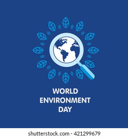 world globe with search and tree label with typography Blue background. World Environment Day vector illustration