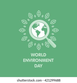 world globe with search and tree label with typography green background. World Environment Day vector illustration