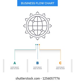 World, globe, SEO, business, optimization Business Flow Chart Design with 3 Steps. Line Icon For Presentation Background Template Place for text