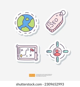 world globe, SEO tag, strategy and planning, target audience. business digital marketing optimization concept. Doodle sticker icon set vector illustration