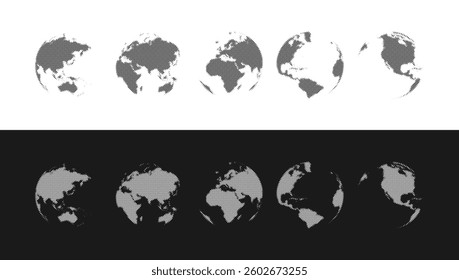 World globe set created with dot pattern and halftone effect. Earth globes from different sides. Halftone planet symbol. Vector illustration.