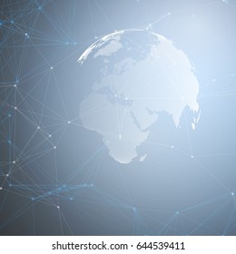 World globe with shadow on blue. Abstract global network connections, geometric design technology concept background. Chemistry pattern, molecule structure, connecting lines and dots.
