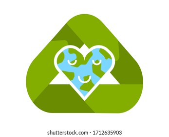 A world globe in the shape of a heart symbol. Concept for loving travel, or loving the world and caring for the environment or similar. Reuse, renew, recycling materials, concept. Eco friendly concept