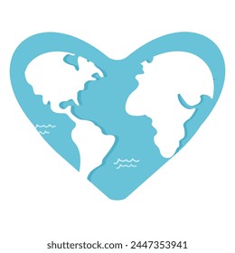 A world globe in the shape of a heart symbol. Concept for loving travel, or loving the world and Earth Day. Flat Style. Vector