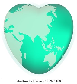 A world globe in the shape of a heart symbol. Concept for loving travel, or loving the world and caring for the environment or similar