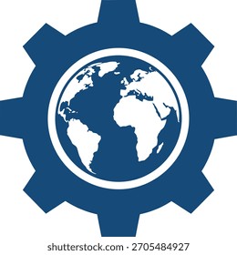 World globe se sienta dentro de un engranaje azul que representa soluciones tecnológicas globales para aplicaciones industriales y de ingeniería que simbolizan el desarrollo de negocios internacionales y la conectividad mundial