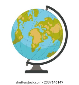 World globe with stand in flat style. World planet Earth isolated icon vector illustration. School Earth map. Continents and ocean model sphere.