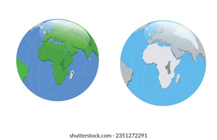 Mundo globo con conjunto de vector de stand. Globe de la ilustración del vector de planeta tierra para el concepto de aprendizaje infantil o de viajes en el mundo. Vector plano al estilo de las caricaturas.