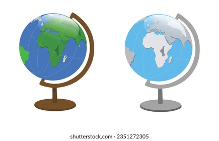 World globe with stand vector set. Globe of planet earth vector illustration for concept of kid learning or world travelling. Flat vector in cartoon style.