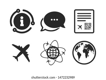 World globe symbol. Chat, info sign. Airplane icons. Boarding pass flight sign. Airport ticket with QR code. Classic style speech bubble icon. Vector