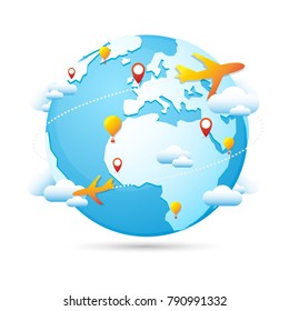 World Globe Travel Around the World Tourism Vector Icon Blue Map Famous Continents in the World