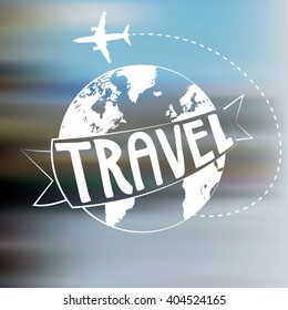 world globe travel badge with background airplane