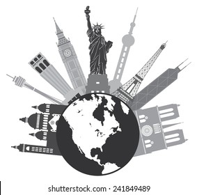 World Globe Travel with Country of Places from Europe Asia United States Grayscale Vector Illustration