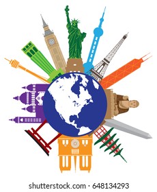 World Globe Travel with Country of tourist attraction destination places from Europe Asia United States Color vector Illustration