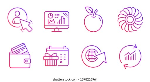World globe, User and Fan engine line icons set. Debit card, Analytics graph and Apple signs. Christmas calendar, Update data symbols. Around the world, Project manager. Business set. Vector