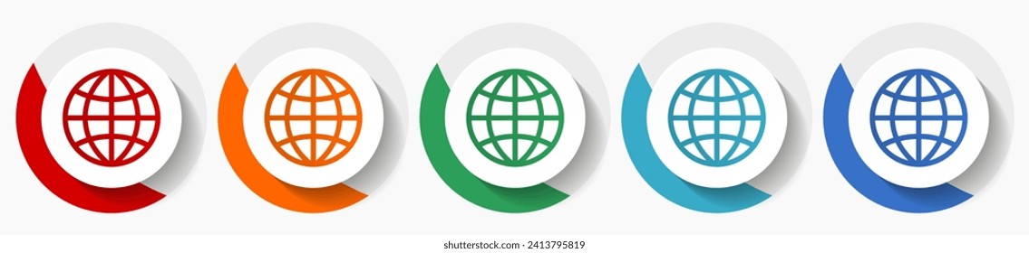 World, globe vector icon set, flat icons for logo design, webdesign and mobile applications, colorful round buttons