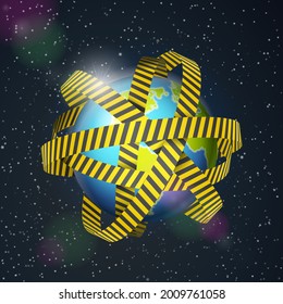 Welt-Globus mit Warnband auf Weltraum-Hintergrund. Vektorgrafik.