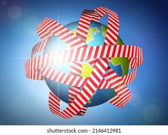 World globe with warning tape on sky background. Vector illustration.